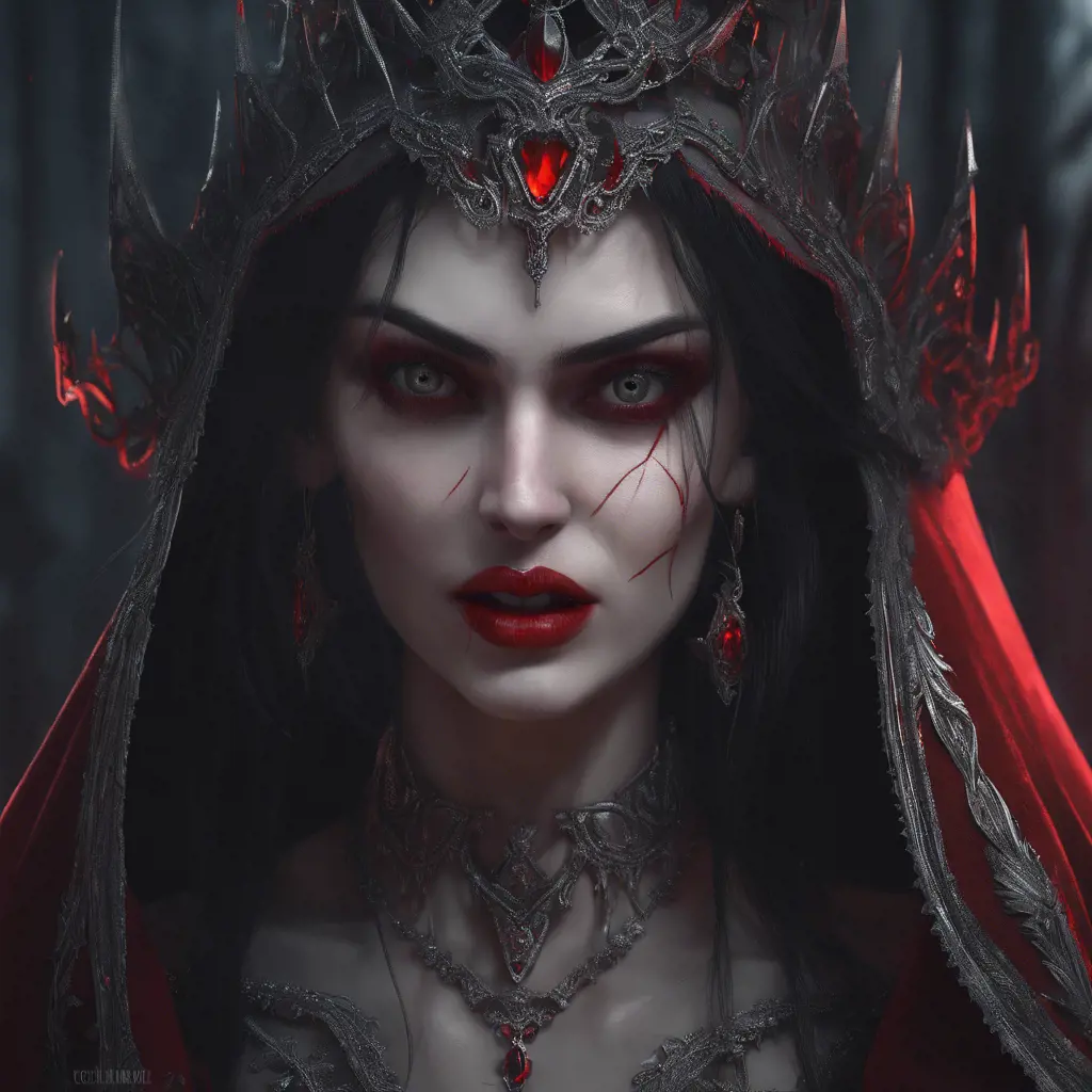 A beautiful romanian vampire woman with penetrating red bright eyes, long fangs, perfect face, 8k, Hyper Detailed, Intricate Details, Masterpiece, Contemporary, Full Body, Trending on Artstation, Gothic, Deviantart, Concept Art by WLOP