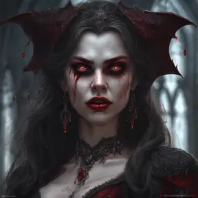 A beautiful romanian vampire woman with penetrating red bright eyes, long fangs, perfect face, 8k, Hyper Detailed, Intricate Details, Masterpiece, Contemporary, Full Body, Trending on Artstation, Gothic, Deviantart, Concept Art by Stefan Kostic