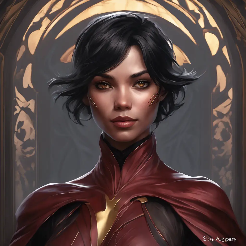 Matte portrait of the beautiful Cassandra Cain in dark red, 8k, Highly Detailed, Intricate, Realistic, Sharp Focus, Volumetric Lighting, Fantasy, Elegant by Stanley Artgerm Lau, Alphonse Mucha, WLOP, Stefan Kostic