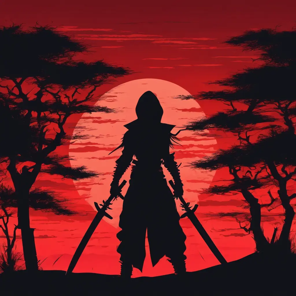 Silhouette of a ninja assassin with her drawn daggers in front of a red sunset, Ambient Lighting, Fantasy, Dark