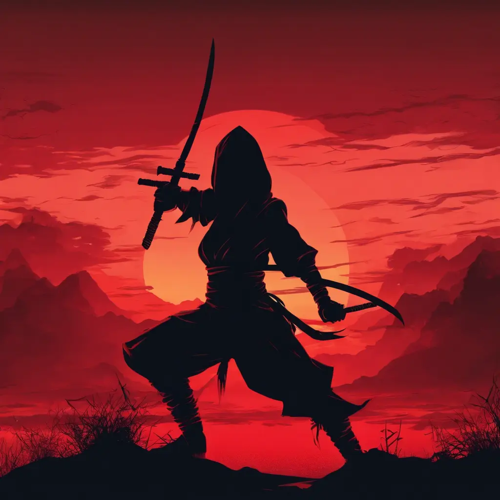 Silhouette of a ninja assassin with her drawn daggers in front of a red sunset, Ambient Lighting, Fantasy, Dark