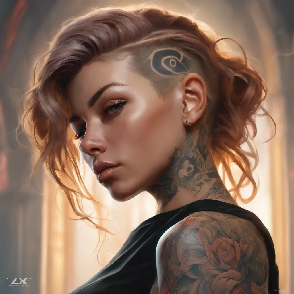 Matte portrait of Lyx with tattoos, 8k, Highly Detailed, Powerful, Alluring, Artstation, Magical, Digital Painting, Photo Realistic, Sharp Focus, Volumetric Lighting, Concept Art by Stanley Artgerm Lau, Alphonse Mucha, Greg Rutkowski