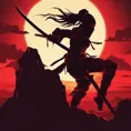 Silhouette of a ninja assassin with her drawn daggers in front of a red sunset, Ambient Lighting, Fantasy, Dark