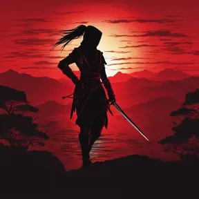Silhouette of a ninja assassin with her drawn daggers in front of a red sunset, Ambient Lighting, Fantasy, Dark