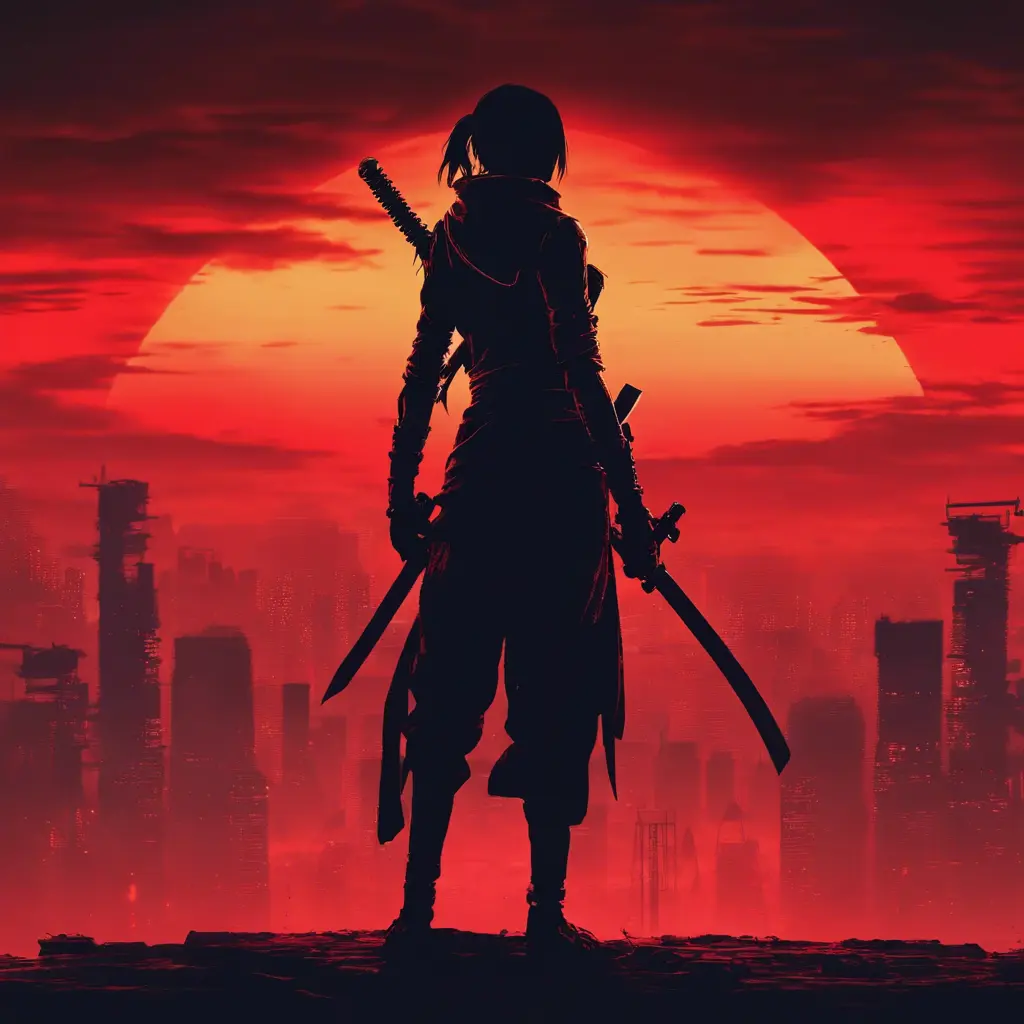 Silhouette of a ninja assassin with her drawn daggers in front of a red sunset, 4k resolution, HDR, Blade Runner 2049, Nier Automata, Ambient Lighting, Fantasy, Dark