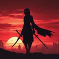 Silhouette of a ninja assassin with her drawn daggers in front of a red sunset, 4k resolution, HDR, Blade Runner 2049, Nier Automata, Ambient Lighting, Fantasy, Dark