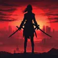 Silhouette of a ninja assassin with her drawn daggers in front of a red sunset, 4k resolution, HDR, Blade Runner 2049, Nier Automata, Ambient Lighting, Fantasy, Dark
