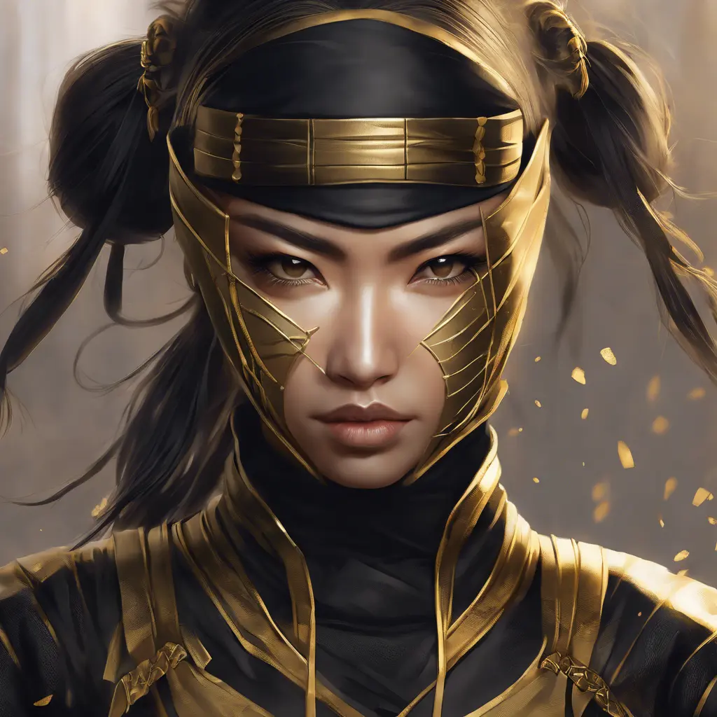 Matte portrait of a beautiful Kunoichi Ninja in black and gold, 8k, Highly Detailed, Intricate, Realistic, Sharp Focus, Volumetric Lighting, Fantasy, Elegant by Stanley Artgerm Lau, WLOP, Stefan Kostic