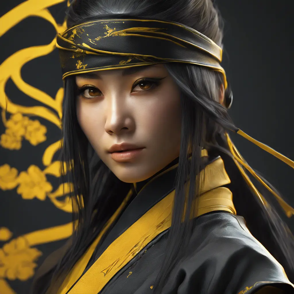 Matte portrait of a beautiful Kunoichi Ninja in black and yellow, 8k, Highly Detailed, Intricate, Realistic, Sharp Focus, Volumetric Lighting, Fantasy, Elegant by Stanley Artgerm Lau, Alphonse Mucha, WLOP, Stefan Kostic