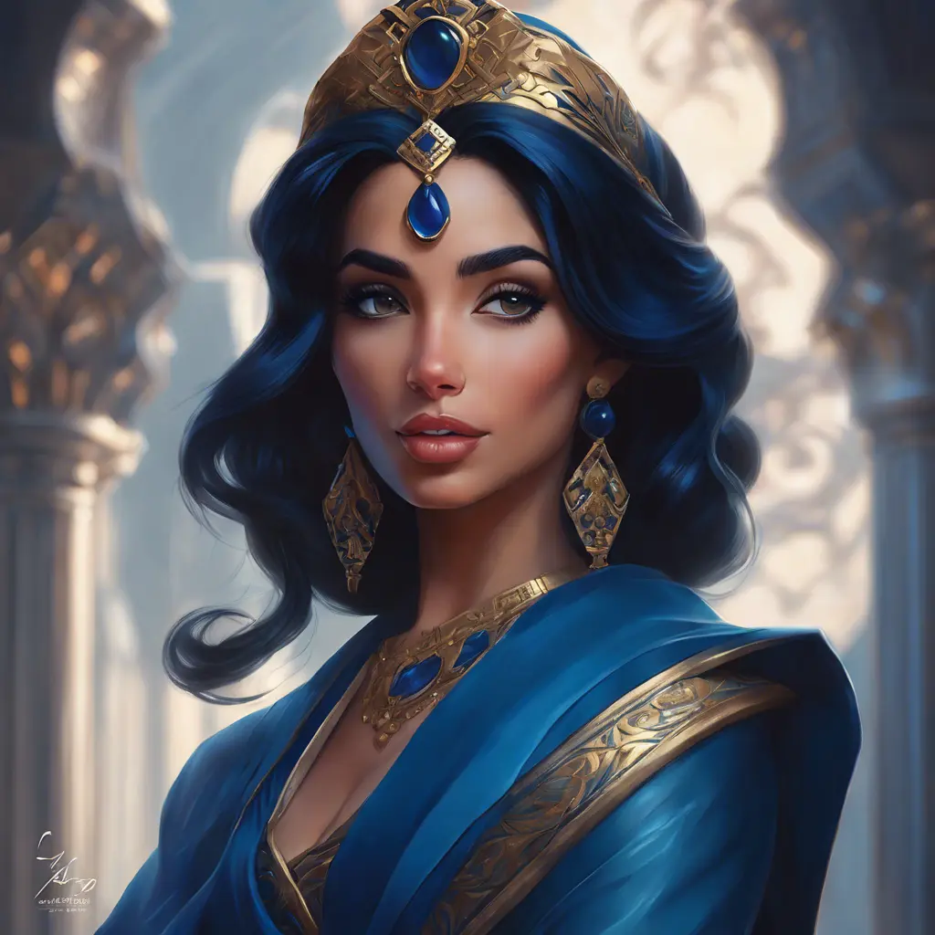 Matte portrait of the beautiful Princess Jasmine in dark blue, 8k, Highly Detailed, Intricate, Realistic, Sharp Focus, Volumetric Lighting, Fantasy, Elegant by Stanley Artgerm Lau, WLOP, Stefan Kostic