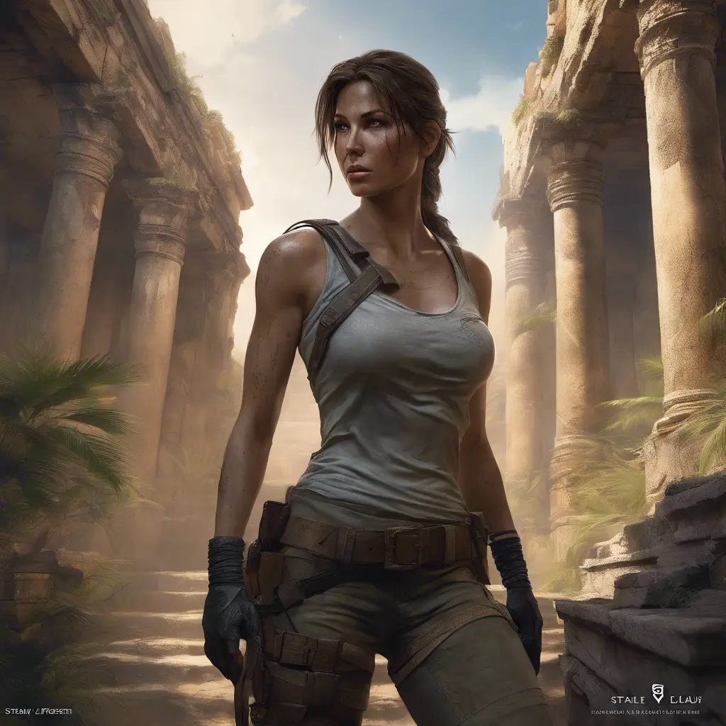 Matte portrait of a beautiful Lara Croft exploring an ancient ruin, 8k, Highly Detailed, Intricate, Realistic, Sharp Focus, Volumetric Lighting, Fantasy, Elegant by Stanley Artgerm Lau, WLOP, Stefan Kostic