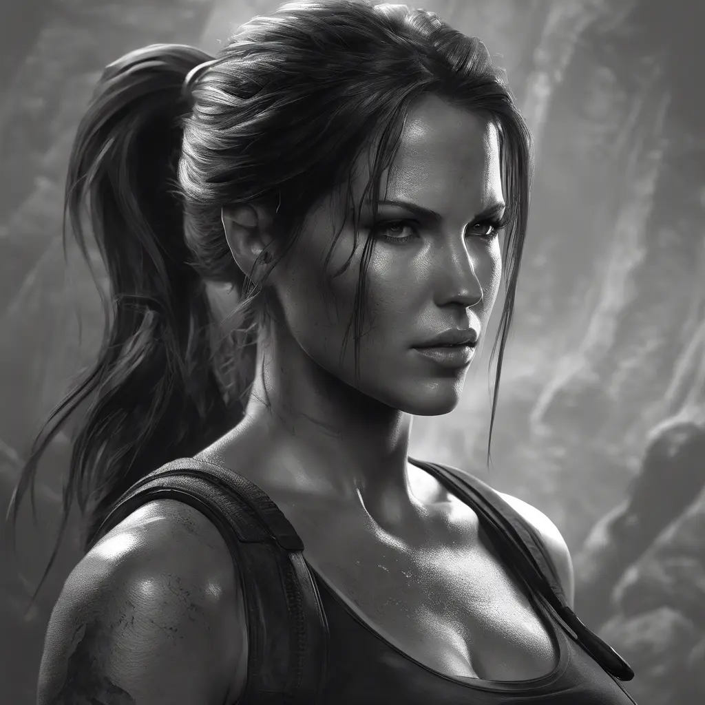 Matte portrait of the beautiful Lara Croft in black, 8k, Highly Detailed, Intricate, Realistic, Sharp Focus, Volumetric Lighting, Fantasy, Elegant by Stanley Artgerm Lau, WLOP, Stefan Kostic