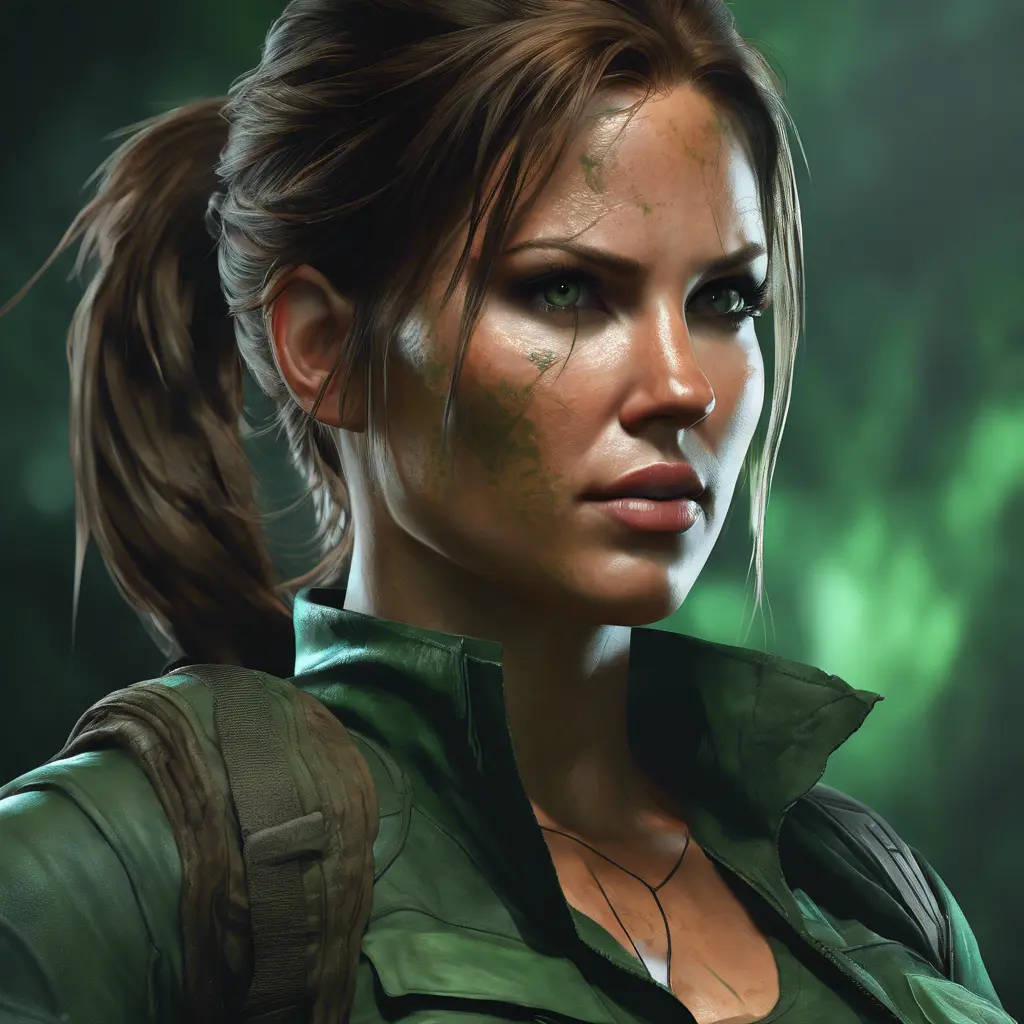 Matte portrait of the beautiful Lara Croft in dark green, 8k, Highly Detailed, Intricate, Realistic, Sharp Focus, Volumetric Lighting, Fantasy, Elegant by Stanley Artgerm Lau, WLOP, Stefan Kostic