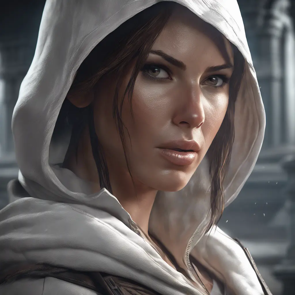 Matte portrait of a beautiful Lara Croft in white Assassin's Creed style, 8k, Highly Detailed, Intricate, Realistic, Sharp Focus, Volumetric Lighting, Fantasy, Elegant by Stanley Artgerm Lau, WLOP, Stefan Kostic