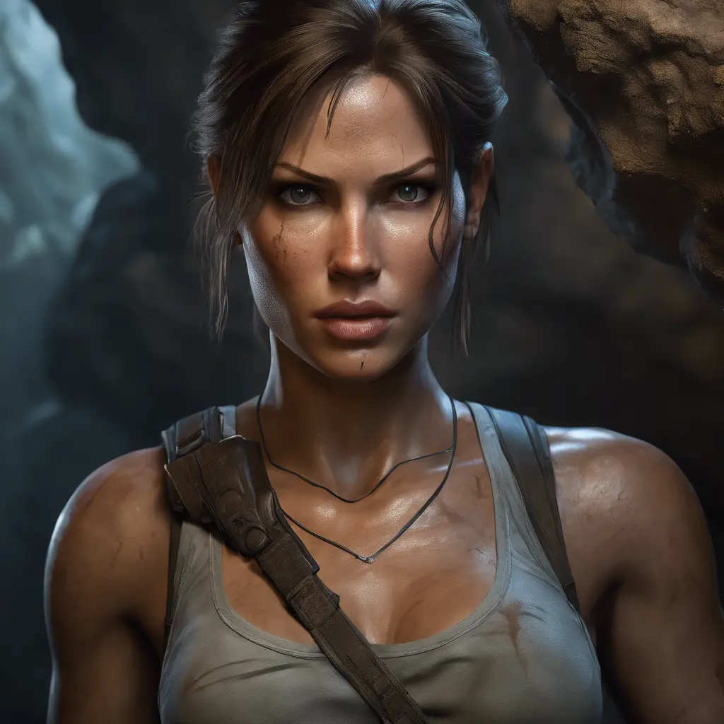 Matte portrait of a beautiful armed Lara Croft in a cave, 8k, Highly Detailed, Intricate, Realistic, Sharp Focus, Volumetric Lighting, Fantasy, Elegant by Stanley Artgerm Lau, WLOP, Stefan Kostic