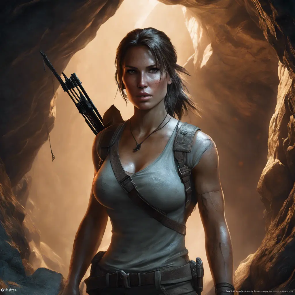 Matte portrait of the beautiful Lara Croft in a cave, 8k, Highly Detailed, Intricate, Realistic, Sharp Focus, Volumetric Lighting, Fantasy, Elegant by Stanley Artgerm Lau, WLOP, Stefan Kostic