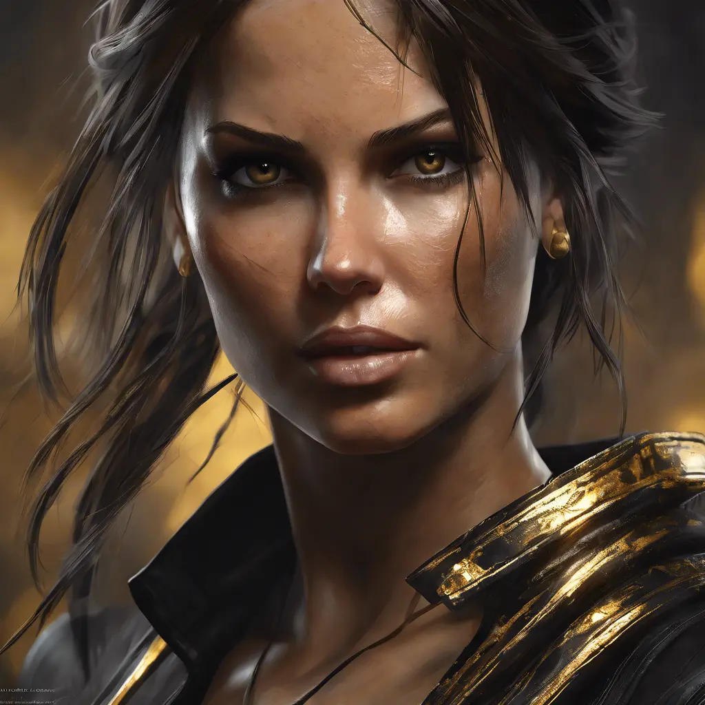 Matte portrait of the beautiful Lara Croft in black and gold, 8k, Highly Detailed, Intricate, Realistic, Sharp Focus, Volumetric Lighting, Fantasy, Elegant by Stanley Artgerm Lau, WLOP, Stefan Kostic