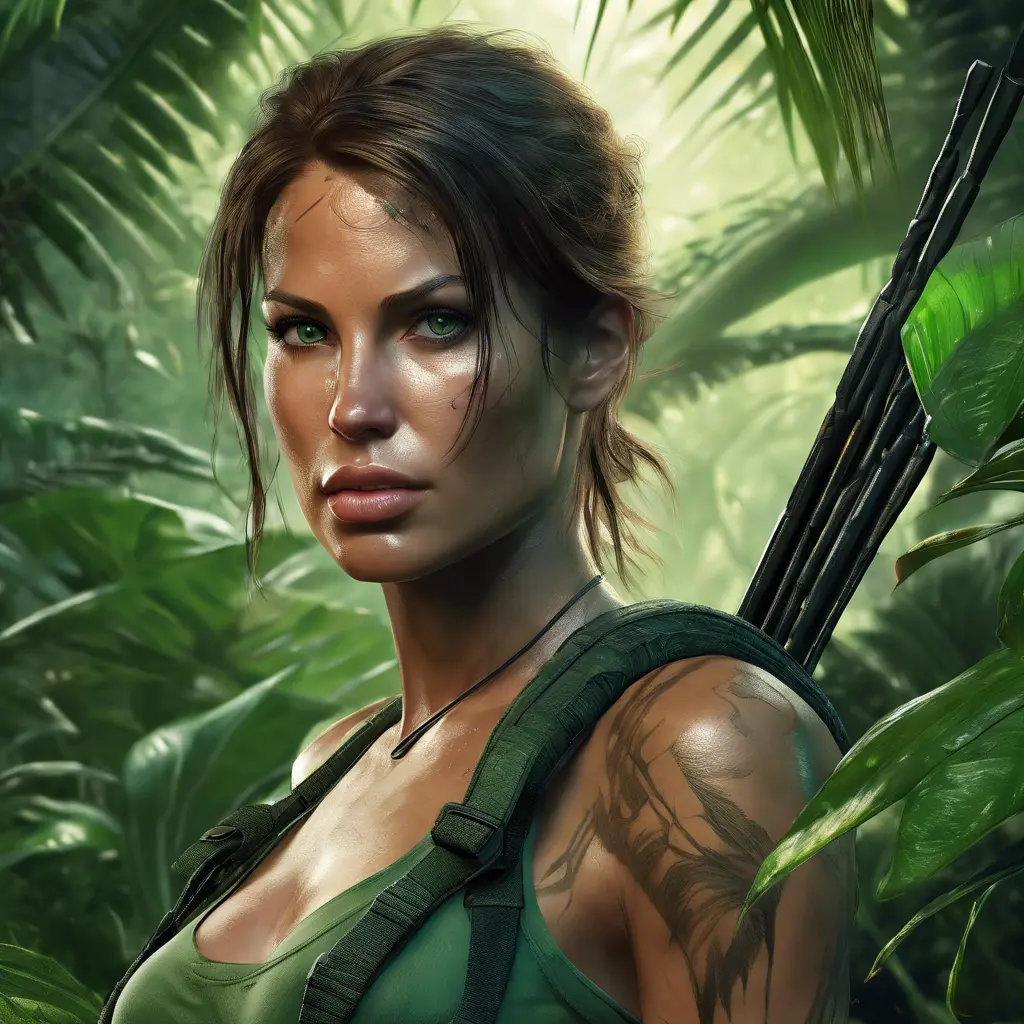 Matte portrait of the beautiful Lara Croft in a green jungle, 8k, Highly Detailed, Intricate, Realistic, Sharp Focus, Volumetric Lighting, Fantasy, Elegant by Stanley Artgerm Lau, WLOP, Stefan Kostic