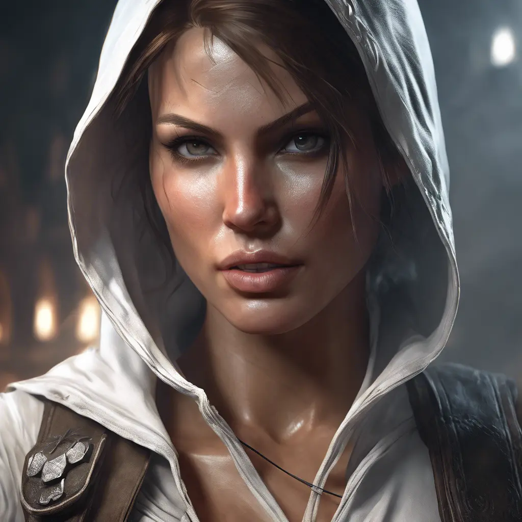 Matte portrait of a beautiful Lara Croft in white Assassin's Creed style, 8k, Highly Detailed, Intricate, Realistic, Sharp Focus, Volumetric Lighting, Fantasy, Elegant by Stanley Artgerm Lau, WLOP, Stefan Kostic