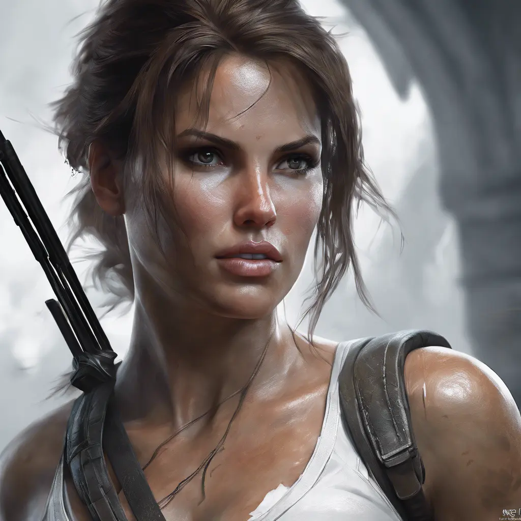 Matte portrait of a beautiful Lara Croft in white, 8k, Highly Detailed, Intricate, Realistic, Sharp Focus, Volumetric Lighting, Fantasy, Elegant by Stanley Artgerm Lau, WLOP, Stefan Kostic