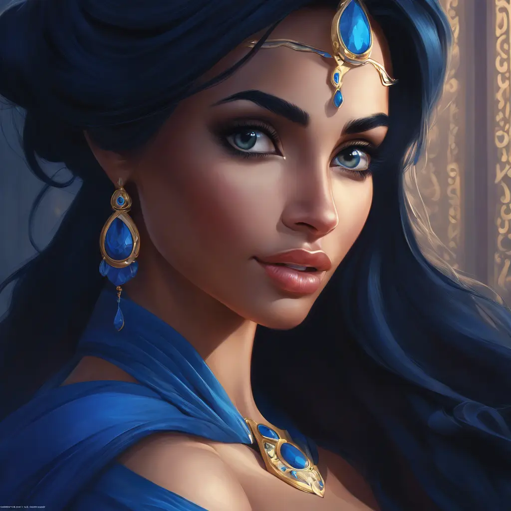 Matte portrait of the beautiful Princess Jasmine in dark blue, 8k, Highly Detailed, Intricate, Realistic, Sharp Focus, Volumetric Lighting, Fantasy, Elegant by Stanley Artgerm Lau, WLOP, Stefan Kostic