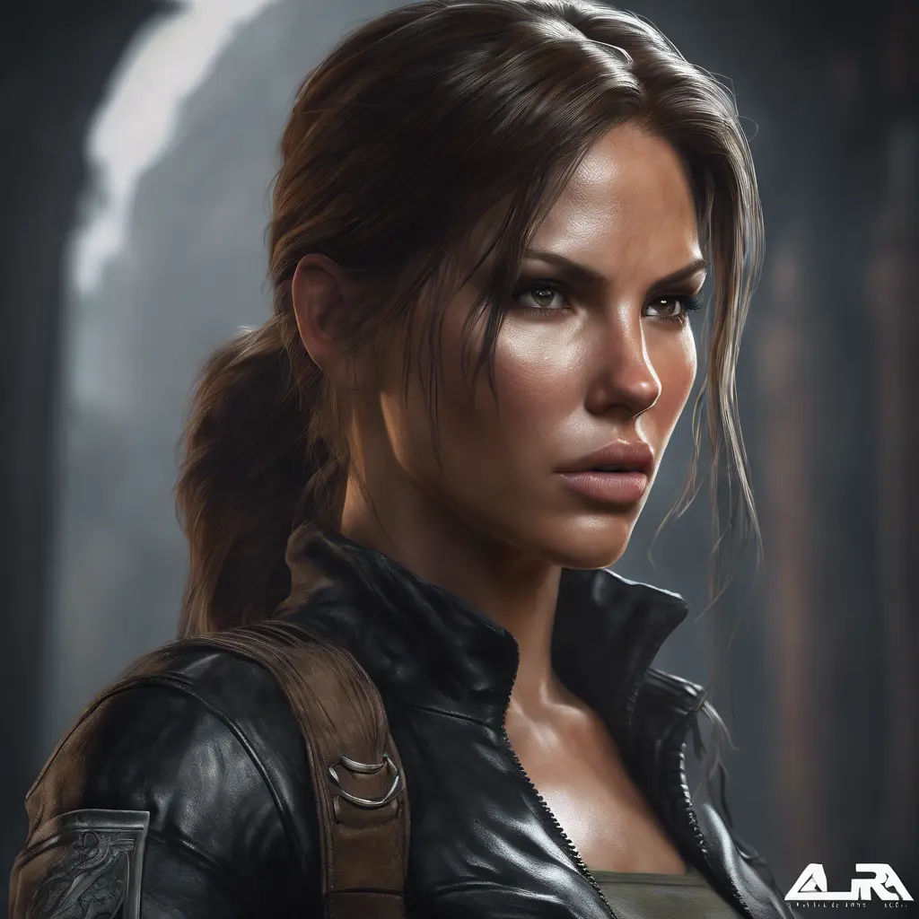 Matte portrait of a beautiful Lara Croft in black leather, 8k, Highly Detailed, Intricate, Realistic, Sharp Focus, Volumetric Lighting, Fantasy, Elegant by Stanley Artgerm Lau, WLOP, Stefan Kostic