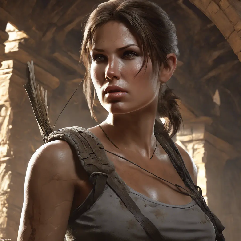 Matte portrait of a beautiful Lara Croft exploring an ancient ruin, 8k, Highly Detailed, Intricate, Realistic, Sharp Focus, Volumetric Lighting, Fantasy, Elegant by Stanley Artgerm Lau, WLOP, Stefan Kostic