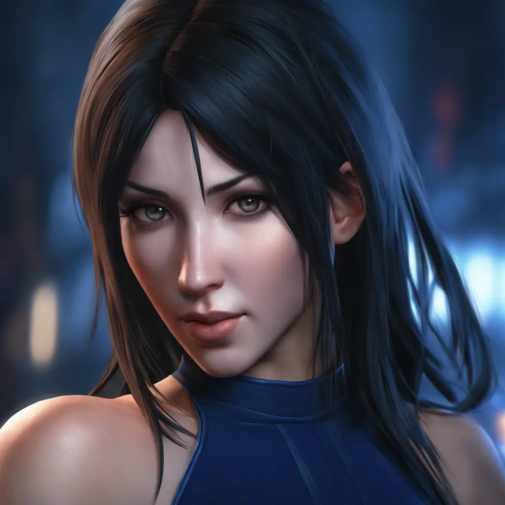 Matte portrait of the beautiful Tifa Lockhart in dark blue, 8k, Highly Detailed, Intricate, Realistic, Sharp Focus, Volumetric Lighting, Fantasy, Elegant by Stanley Artgerm Lau, WLOP, Stefan Kostic