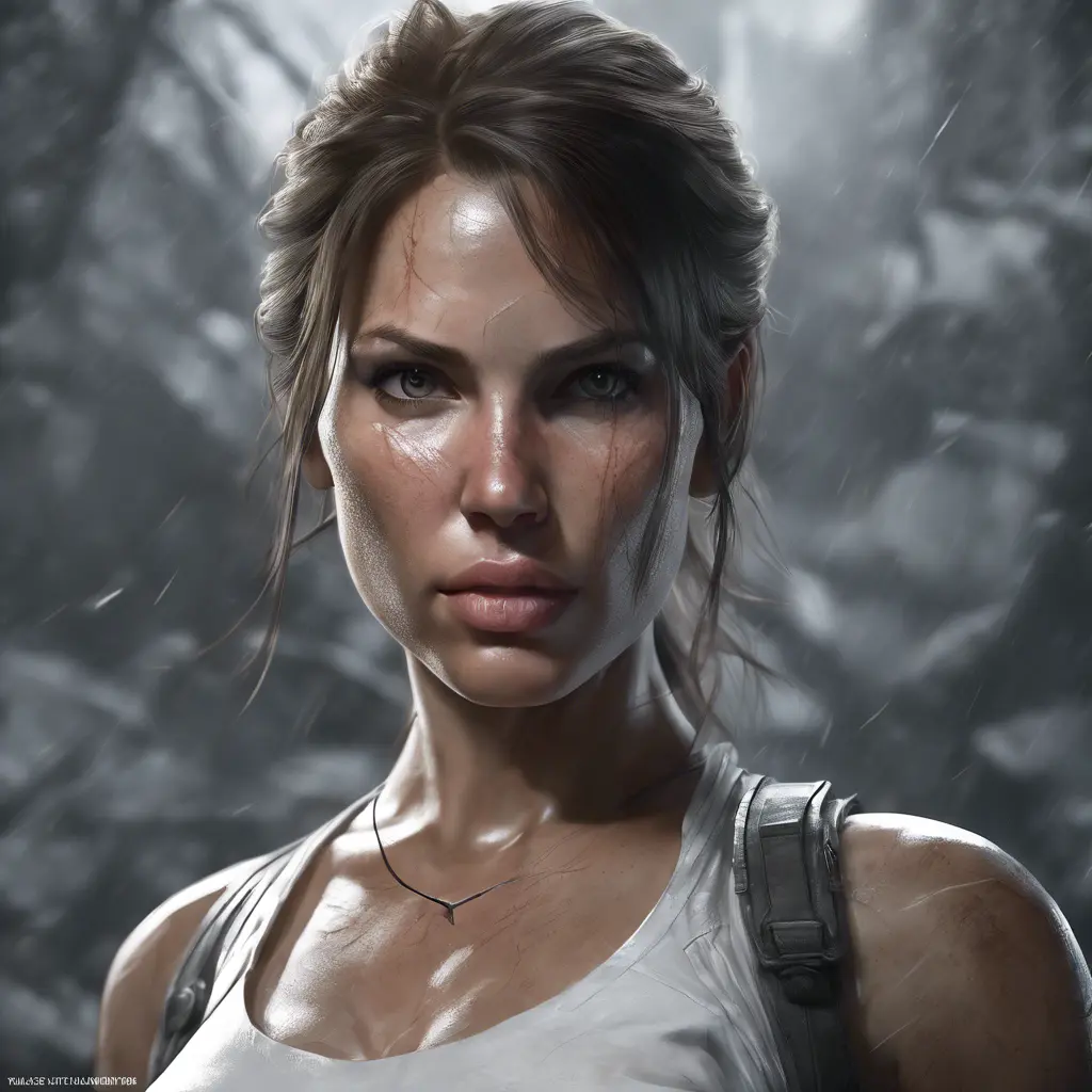 Matte portrait of a beautiful Lara Croft in white, 8k, Highly Detailed, Intricate, Realistic, Sharp Focus, Volumetric Lighting, Fantasy, Elegant by Stanley Artgerm Lau, WLOP, Stefan Kostic