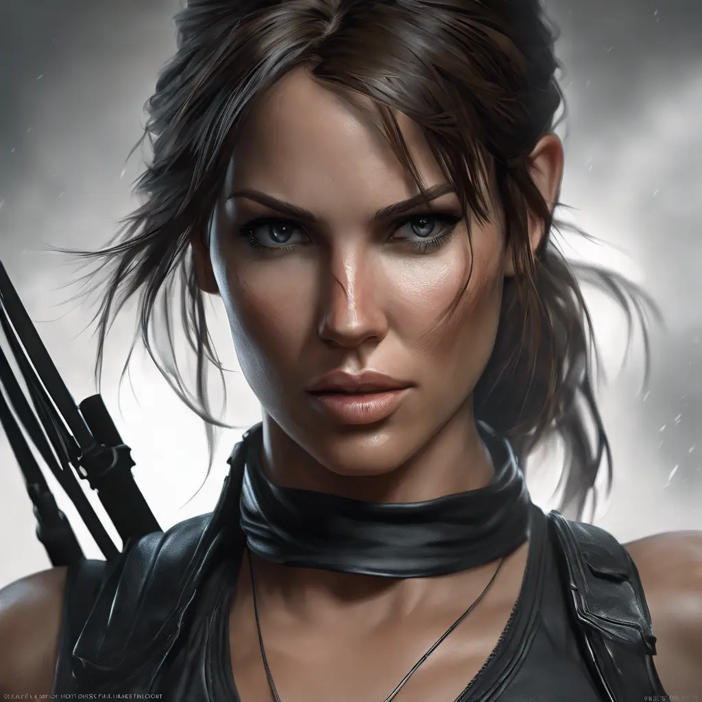 Matte portrait of a beautiful Lara Croft in black leather, 8k, Highly Detailed, Intricate, Realistic, Sharp Focus, Volumetric Lighting, Fantasy, Elegant by Stanley Artgerm Lau, WLOP, Stefan Kostic