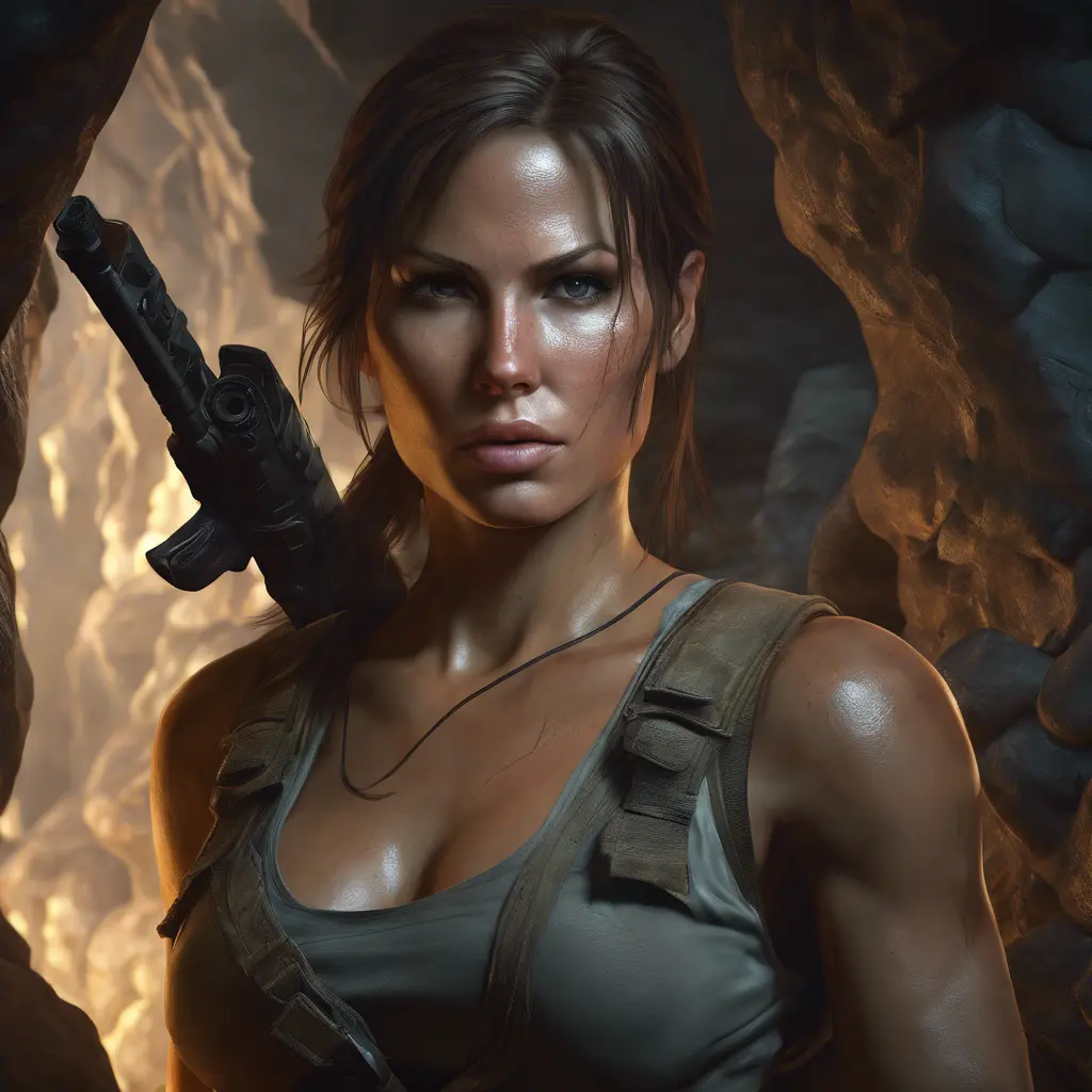 Matte portrait of a beautiful armed Lara Croft in a cave, 8k, Highly Detailed, Intricate, Realistic, Sharp Focus, Volumetric Lighting, Fantasy, Elegant by Stanley Artgerm Lau, WLOP, Stefan Kostic