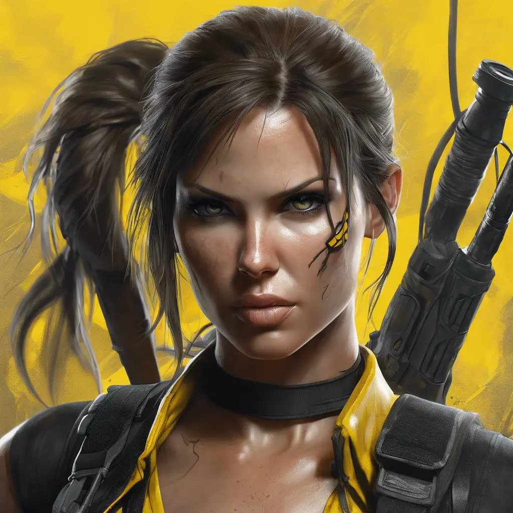 Matte portrait of the beautiful Lara Croft in black and yellow, 8k, Highly Detailed, Intricate, Realistic, Sharp Focus, Volumetric Lighting, Fantasy, Elegant by Stanley Artgerm Lau, WLOP, Stefan Kostic