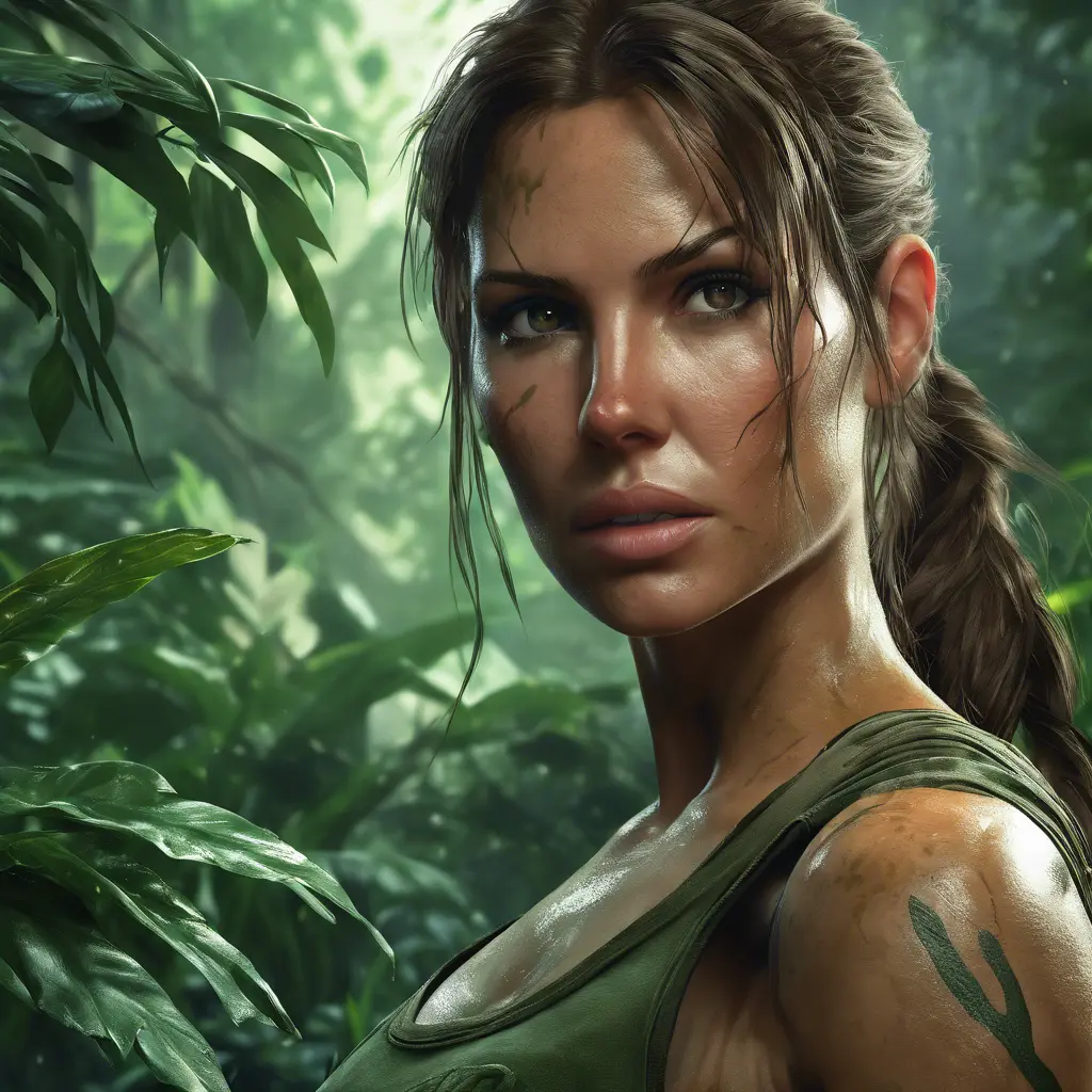 Matte portrait of the beautiful Lara Croft in a green jungle, 8k, Highly Detailed, Intricate, Realistic, Sharp Focus, Volumetric Lighting, Fantasy, Elegant by Stanley Artgerm Lau, WLOP, Stefan Kostic