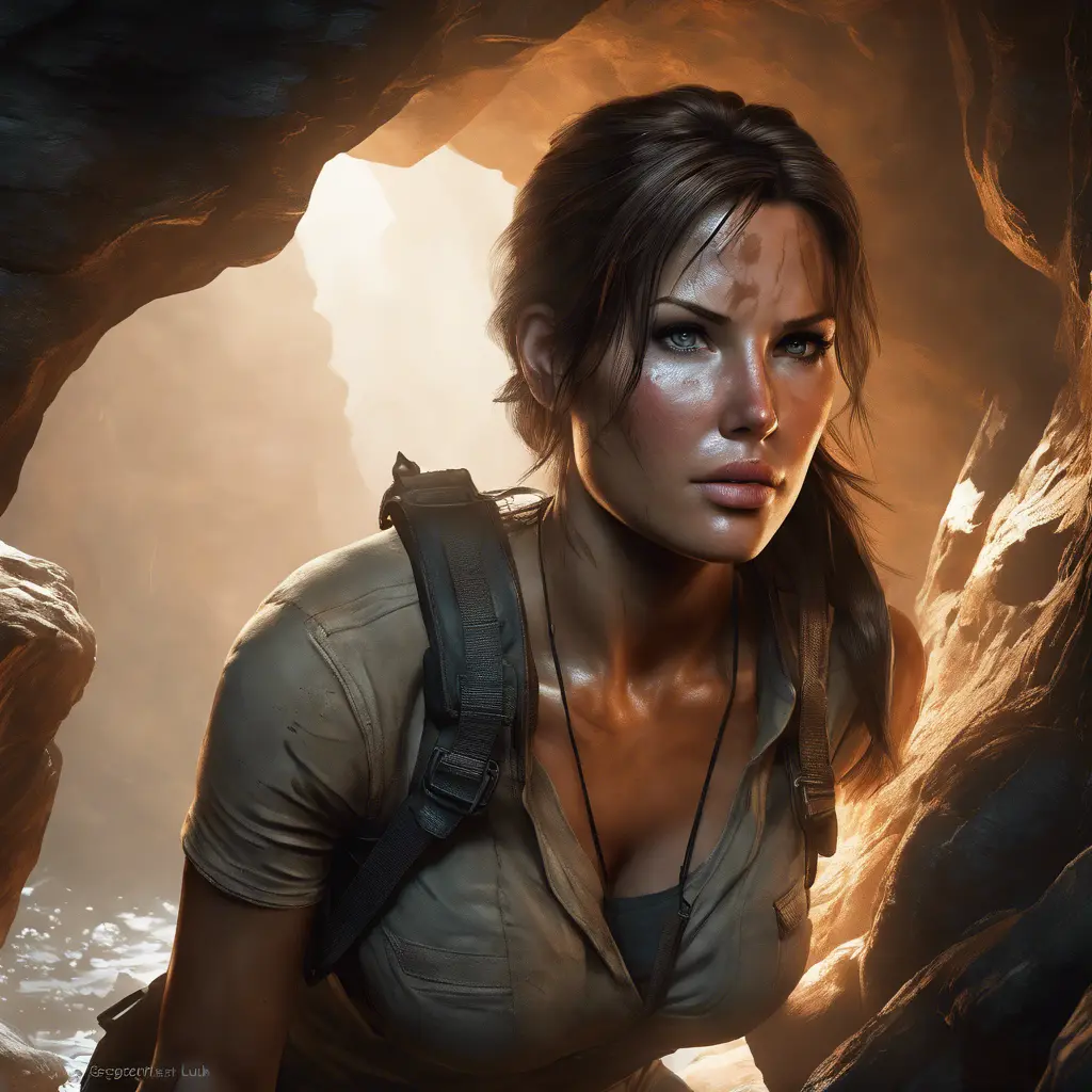 Matte portrait of the beautiful Lara Croft in a cave, 8k, Highly Detailed, Intricate, Realistic, Sharp Focus, Volumetric Lighting, Fantasy, Elegant by Stanley Artgerm Lau, WLOP, Stefan Kostic