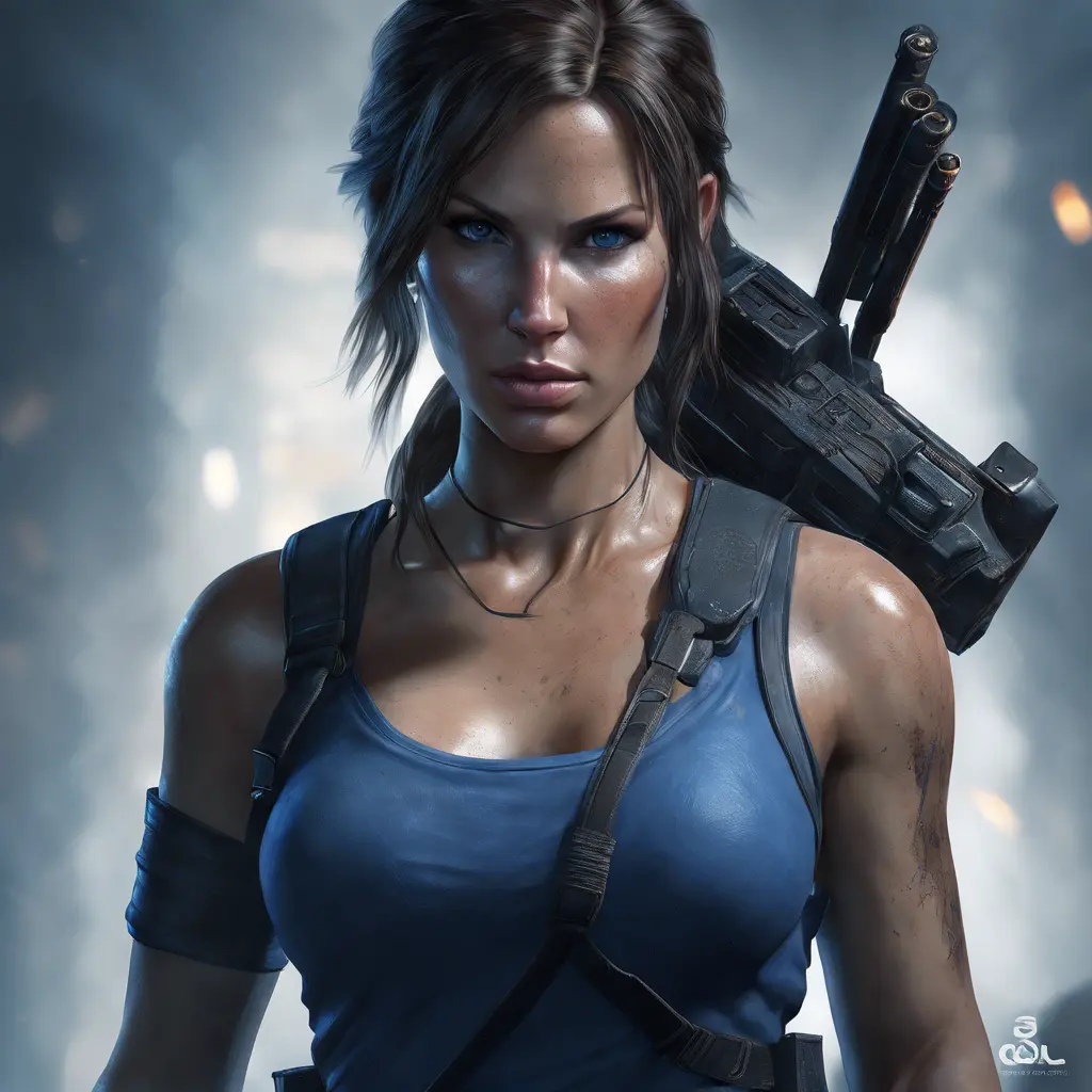 Matte portrait of the beautiful Lara Croft in dark blue, 8k, Highly Detailed, Intricate, Realistic, Sharp Focus, Volumetric Lighting, Fantasy, Elegant by Stanley Artgerm Lau, WLOP, Stefan Kostic