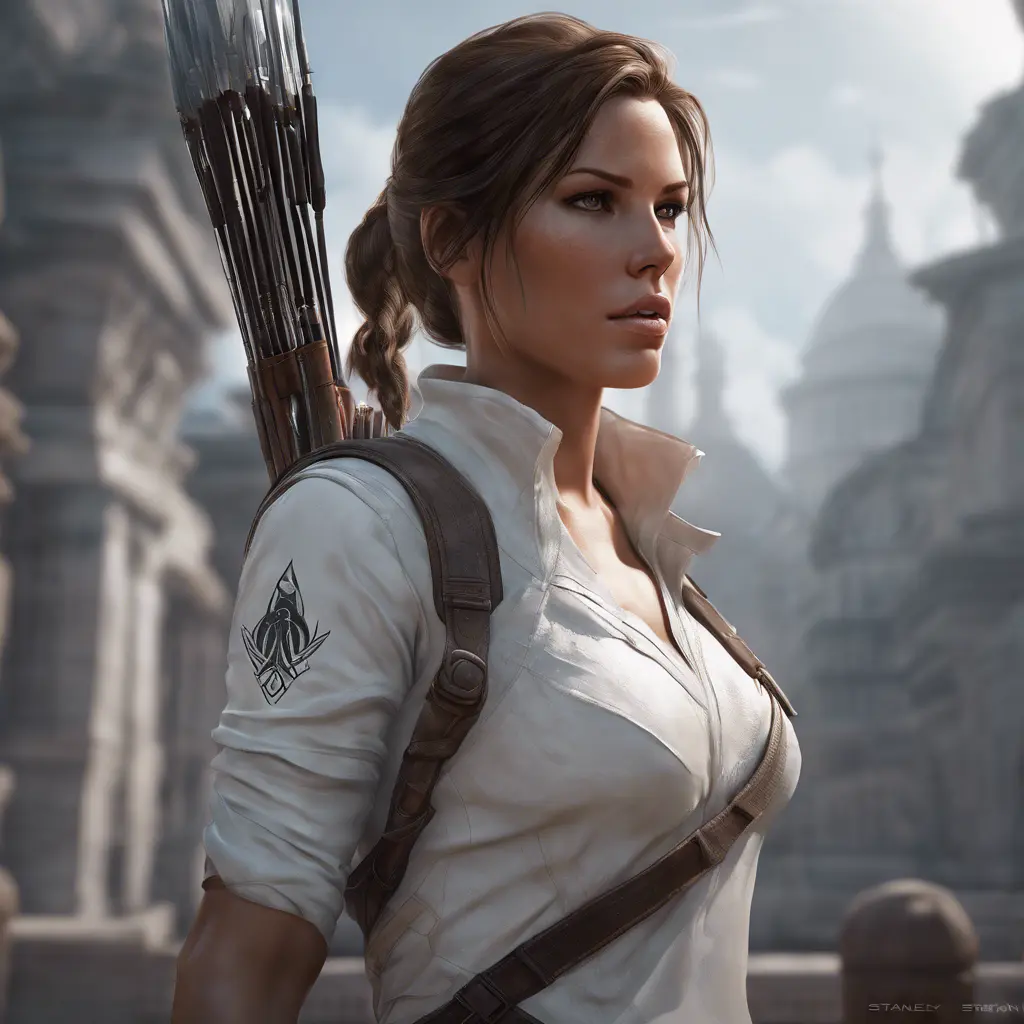 Matte portrait of a beautiful Lara Croft in white Assassin's Creed style, 8k, Highly Detailed, Intricate, Realistic, Sharp Focus, Volumetric Lighting, Fantasy, Elegant by Stanley Artgerm Lau, WLOP, Stefan Kostic