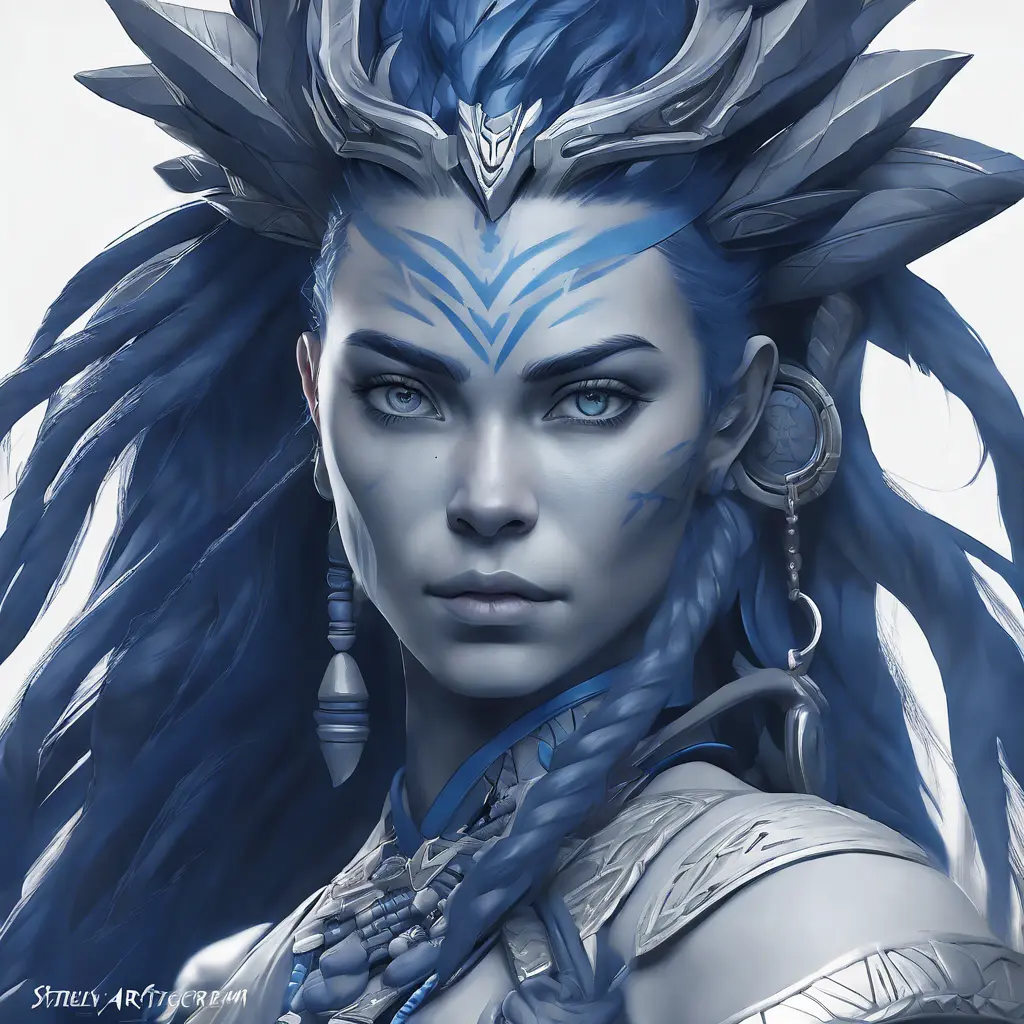 Matte portrait of the beautiful Aloy in dark blue, 8k, Highly Detailed, Intricate, Realistic, Sharp Focus, Volumetric Lighting, Fantasy, Elegant by Stanley Artgerm Lau, WLOP, Stefan Kostic