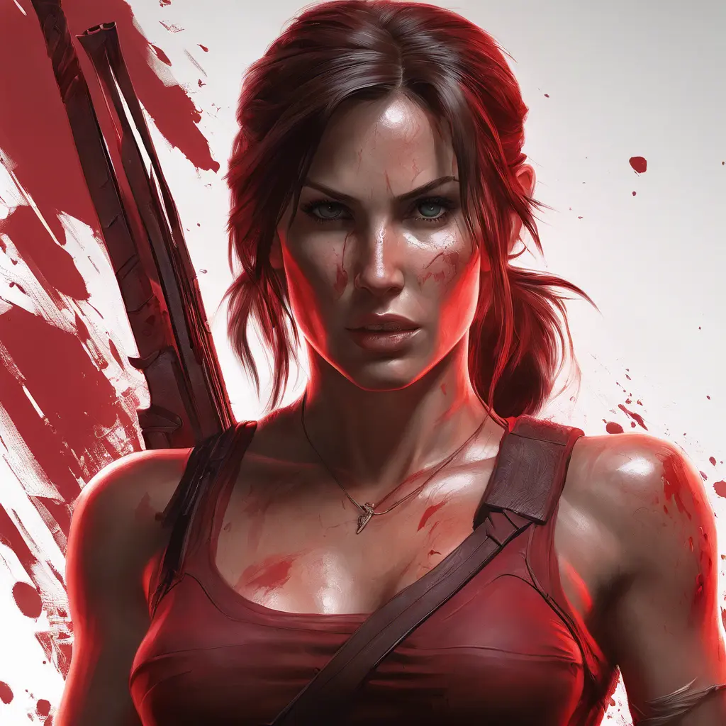 Matte portrait of the beautiful Lara Croft in dark red, 8k, Highly Detailed, Intricate, Realistic, Sharp Focus, Volumetric Lighting, Fantasy, Elegant by Stanley Artgerm Lau, WLOP, Stefan Kostic