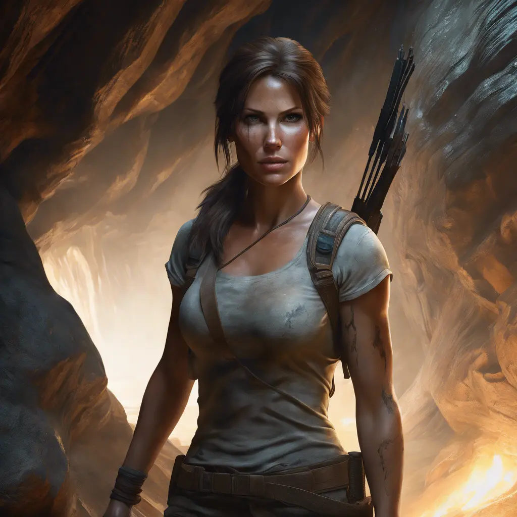 Matte portrait of the beautiful Lara Croft in a cave, 8k, Highly Detailed, Intricate, Realistic, Sharp Focus, Volumetric Lighting, Fantasy, Elegant by Stanley Artgerm Lau, WLOP, Stefan Kostic