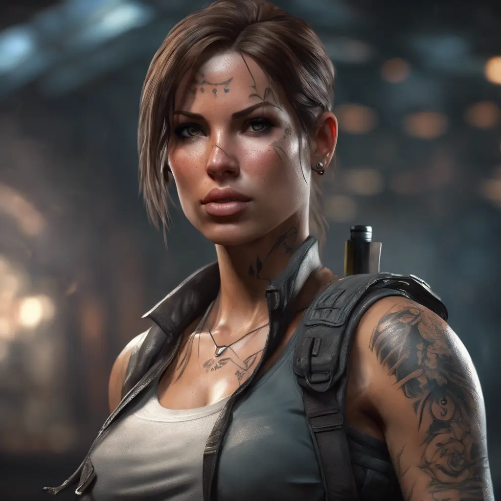 Matte portrait of Lara Croft with tattoos, 8k, Highly Detailed, Alluring, Artstation, Bokeh effect, Sharp Focus, Volumetric Lighting, Concept Art by Stanley Artgerm Lau, Greg Rutkowski