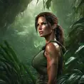 Matte portrait of the beautiful Lara Croft in a green jungle, 8k, Highly Detailed, Intricate, Realistic, Sharp Focus, Volumetric Lighting, Fantasy, Elegant by Stanley Artgerm Lau, WLOP, Stefan Kostic