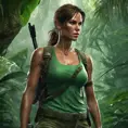 Matte portrait of the beautiful Lara Croft in a green jungle, 8k, Highly Detailed, Intricate, Realistic, Sharp Focus, Volumetric Lighting, Fantasy, Elegant by Stanley Artgerm Lau, WLOP, Stefan Kostic