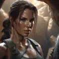 Matte portrait of a beautiful armed Lara Croft in a cave, 8k, Highly Detailed, Intricate, Realistic, Sharp Focus, Volumetric Lighting, Fantasy, Elegant by Stanley Artgerm Lau, WLOP, Stefan Kostic