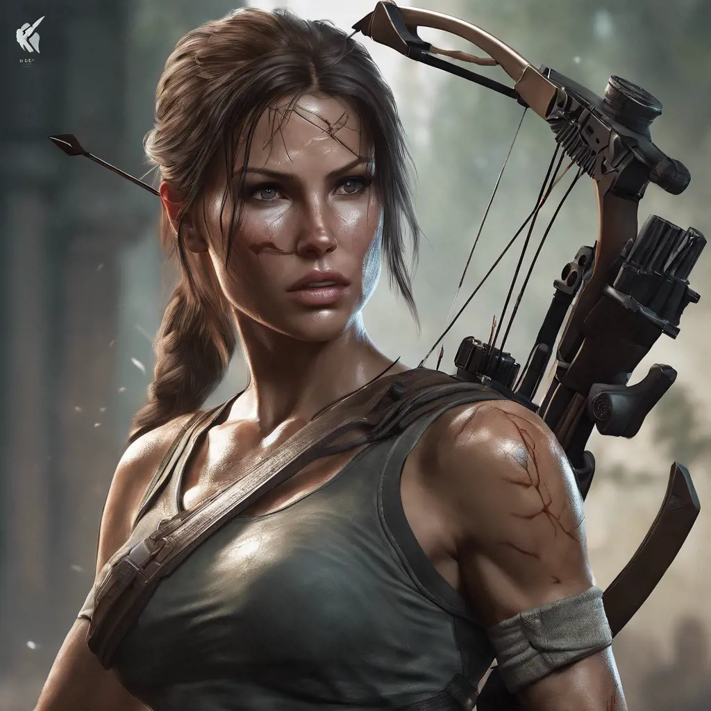Matte portrait of a beautiful Lara Croft armed with a crossbow, 8k, Highly Detailed, Intricate, Realistic, Sharp Focus, Volumetric Lighting, Fantasy, Elegant by Stanley Artgerm Lau, WLOP, Stefan Kostic