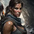 Matte portrait of a beautiful Lara Croft in a cave with arrows, 8k, Highly Detailed, Intricate, Realistic, Sharp Focus, Volumetric Lighting, Fantasy, Elegant by Stanley Artgerm Lau, WLOP, Stefan Kostic