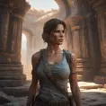 Matte portrait of a beautiful Lara Croft exploring an ancient ruin, 8k, Highly Detailed, Intricate, Realistic, Sharp Focus, Volumetric Lighting, Fantasy, Elegant by Stanley Artgerm Lau, WLOP, Stefan Kostic