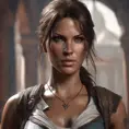 Matte portrait of a beautiful Lara Croft in Assassin's Creed style, 8k, Highly Detailed, Intricate, Realistic, Sharp Focus, Volumetric Lighting, Fantasy, Elegant by Stanley Artgerm Lau, WLOP, Stefan Kostic