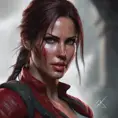 Matte portrait of the beautiful Lara Croft in dark red, 8k, Highly Detailed, Intricate, Realistic, Sharp Focus, Volumetric Lighting, Fantasy, Elegant by Stanley Artgerm Lau, WLOP, Stefan Kostic