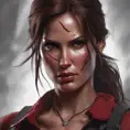 Matte portrait of the beautiful Lara Croft in dark red, 8k, Highly Detailed, Intricate, Realistic, Sharp Focus, Volumetric Lighting, Fantasy, Elegant by Stanley Artgerm Lau, WLOP, Stefan Kostic