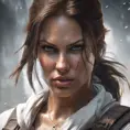 Matte portrait of a beautiful Lara Croft in white Assassin's Creed style, 8k, Highly Detailed, Intricate, Realistic, Sharp Focus, Volumetric Lighting, Fantasy, Elegant by Stanley Artgerm Lau, WLOP, Stefan Kostic